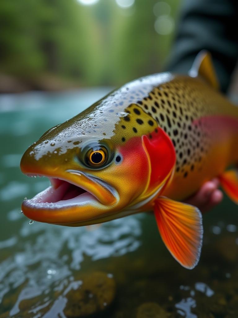Nærbilde av en fargerik ørret fanget i en elv.