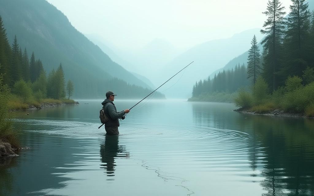 En person som fisker ørret i en stille elv i nordnorsk natur.